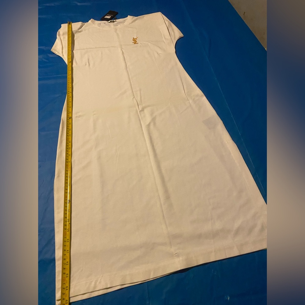 Saint Laurent White Midi Dress with Gold Logo